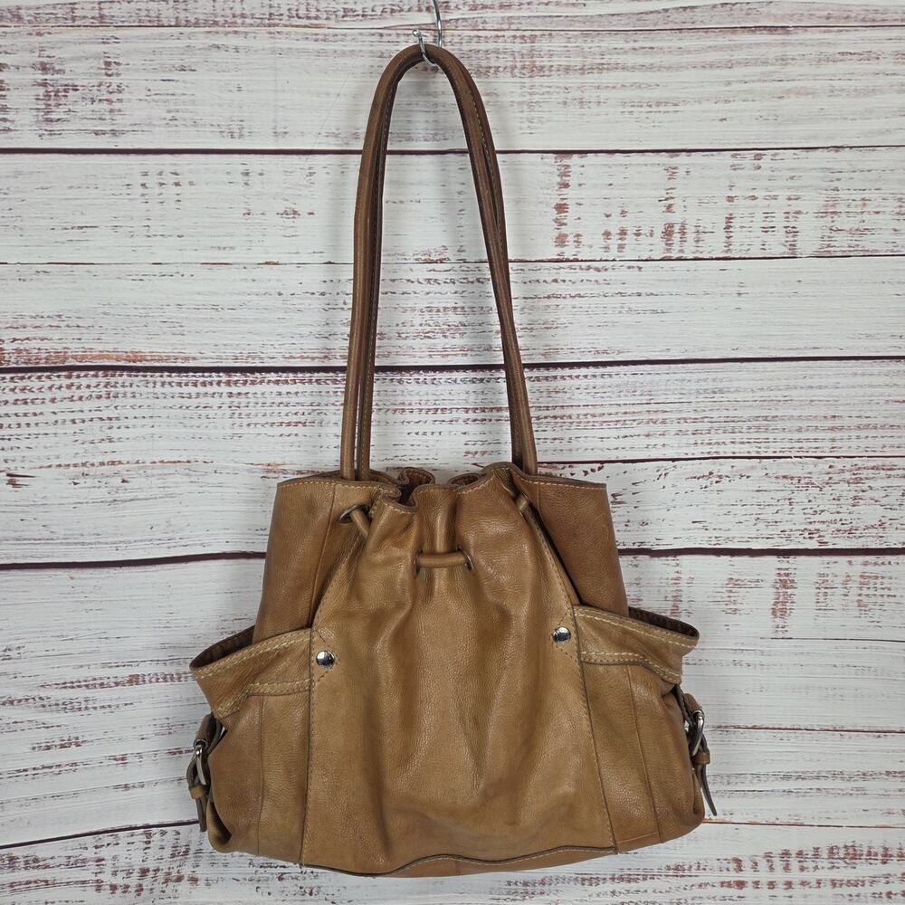 Fossil Shoulder Bag Womens Brown Leather Drawstring Tote Dual Handle Purse